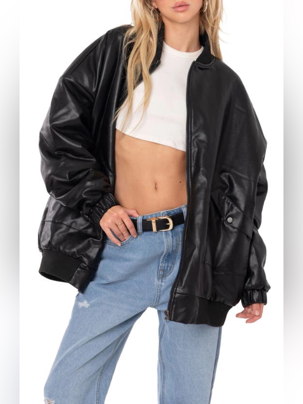 Edikted Oversize Faux Leather Bomber Jacket in Black - Size XS